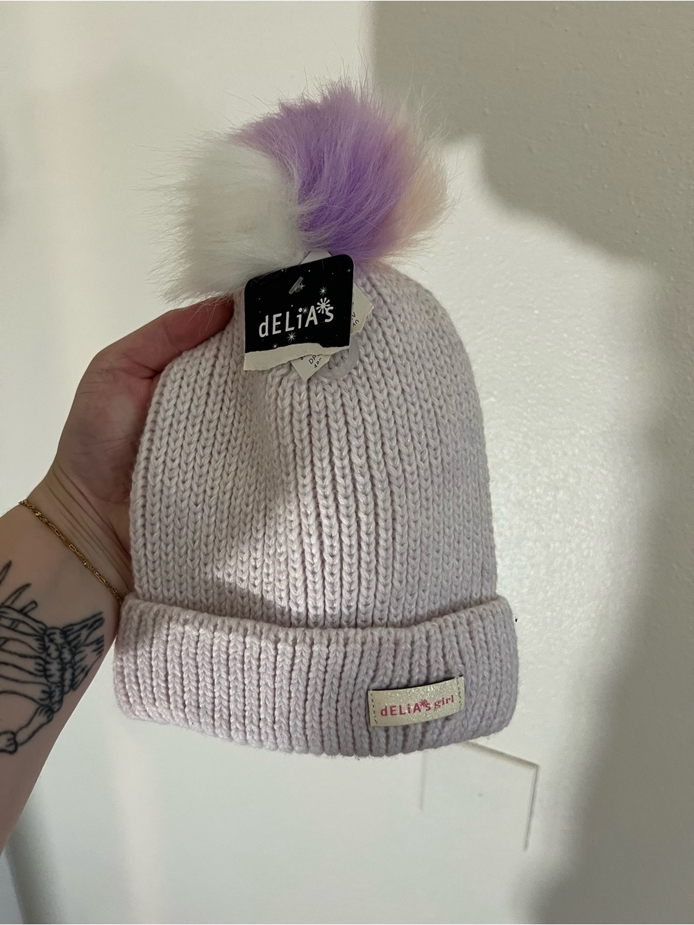 dELiA*s Kids Knit Pom Beanie Hat in Lavender and White Sparkle
